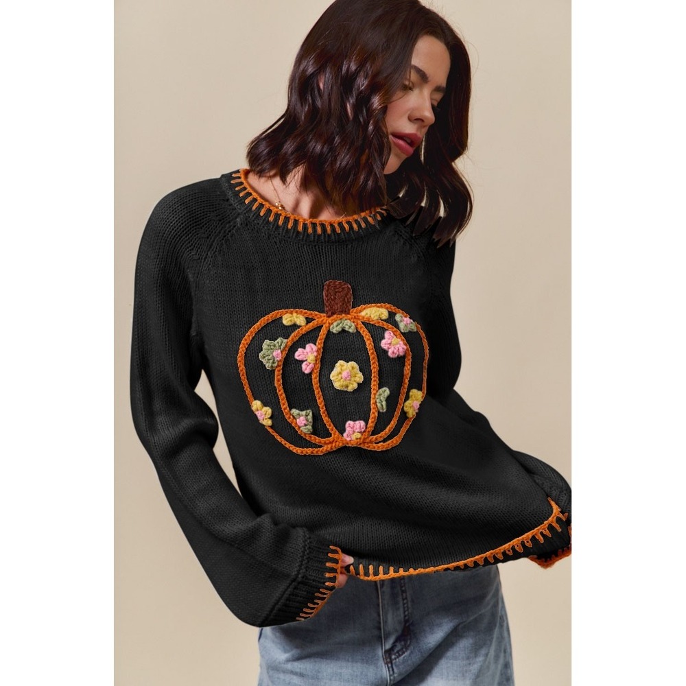Pumpkin Sweater Womens M Black New Floral Crochet Fall Thanksgiving